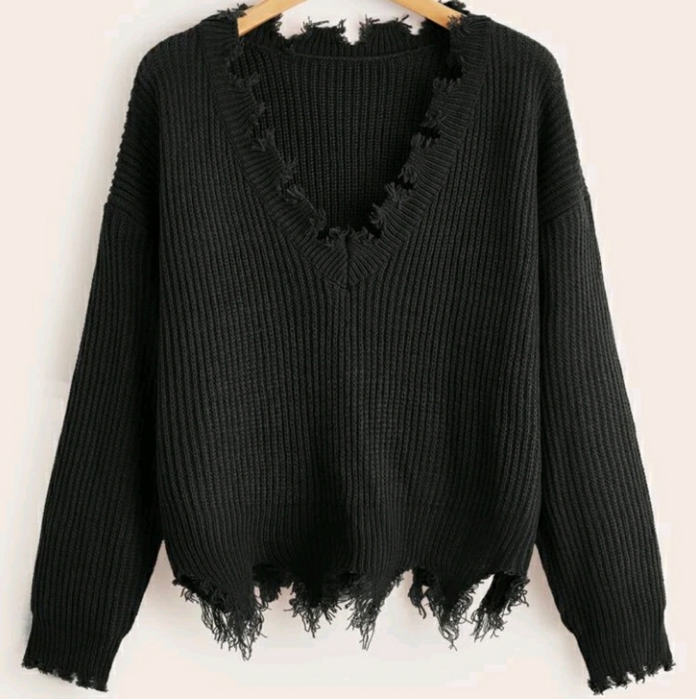 Black Distressed Grunge Baggy Cropped Sweater